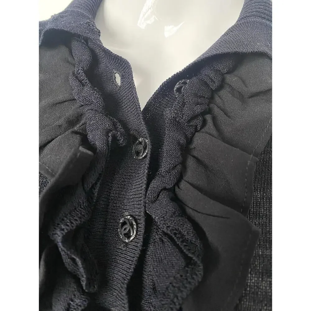 2003 CHANEL 03A Black Ruffle Long Sleeve Blouse Top FR-36